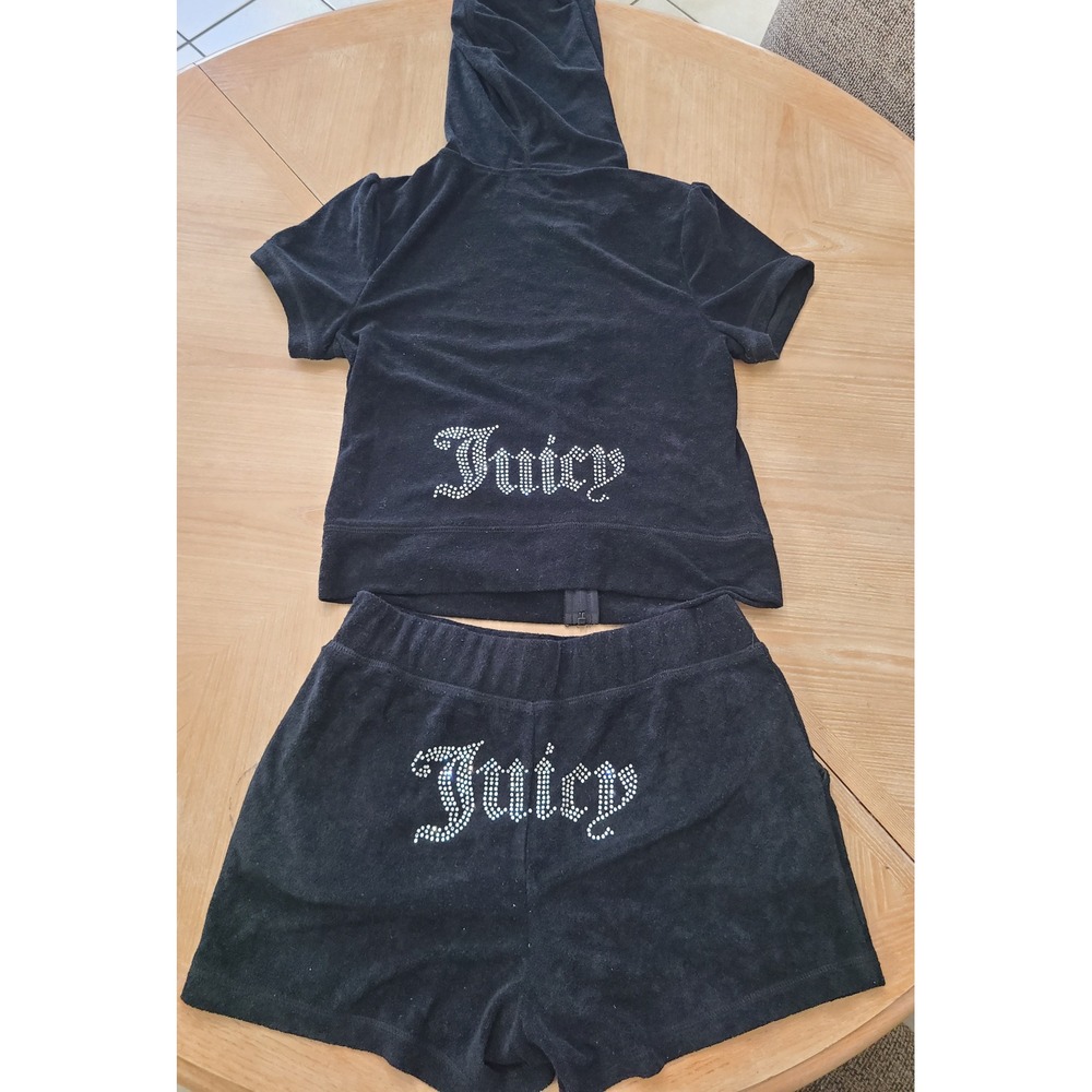 Juicy Couture Shorts Set Women M Black Rhinestone Terry Cloth Y2K Hoodie